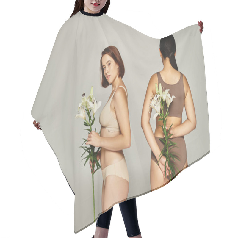 Personality  Pretty Woman In Beige Lingerie Standing Near Female Friend And Holding Flowers In Hands On Grey Hair Cutting Cape