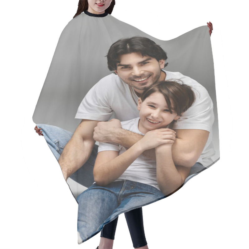 Personality  A Father And Son Share A Loving Embrace, Both Smiling Brightly. Hair Cutting Cape