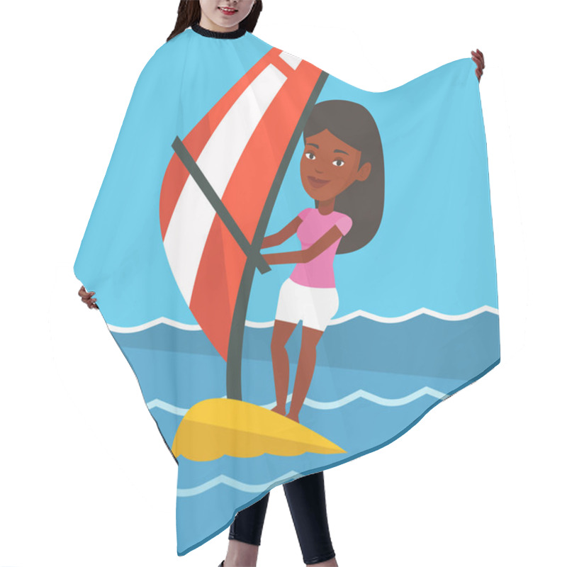 Personality  Young Woman Windsurfing In The Sea. Hair Cutting Cape