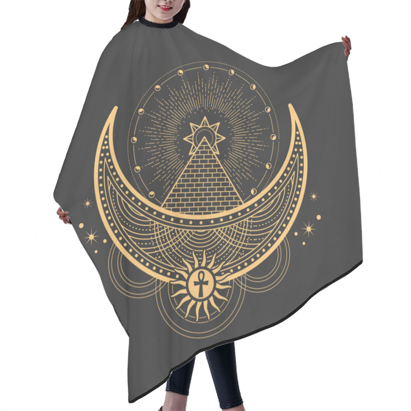 Personality  Crescent And Moon Esoteric Occult Symbols, Magic Tarot Sign. Vector Sacred Religion Mystic Emblem Masonry Pyramid, Egypt Ankh, Star And Sun. Occultism, Alchemy, Wicca And Astrology Symbolic Hair Cutting Cape