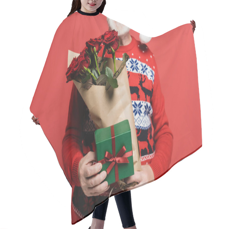 Personality  Cropped View Of Smiling Senior Man In Santa Hat Holding Gift Box And Bouquet Of Roses Isolated On Red  Hair Cutting Cape