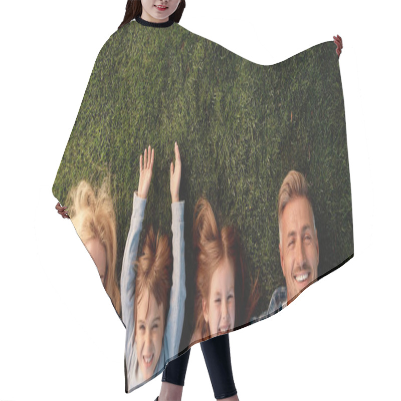 Personality  Keep Calm And Love Your Family. Happy Family Of Four Lying On Green Grass Hair Cutting Cape