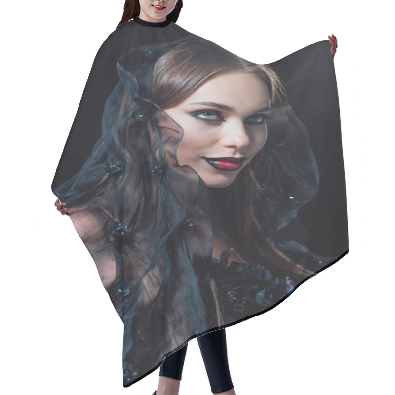 Personality  Smiling Scary Vampire Girl In Black Gothic Dress And Veil Isolated On Black Hair Cutting Cape