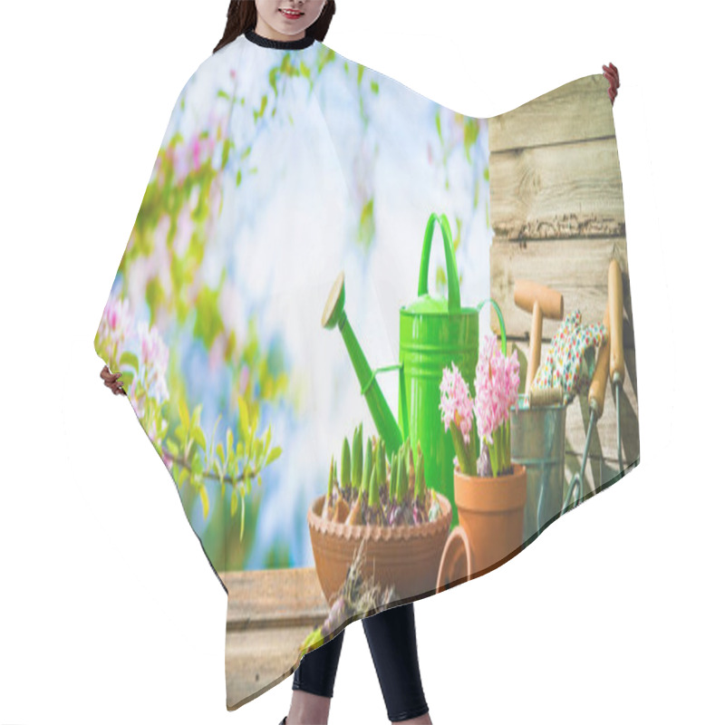 Personality  Gardening Tools And Spring Flowers On The Terrace Hair Cutting Cape