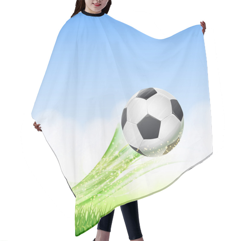 Personality  Football Theme Illustration With Flying Soccer Ball Over Green Hair Cutting Cape