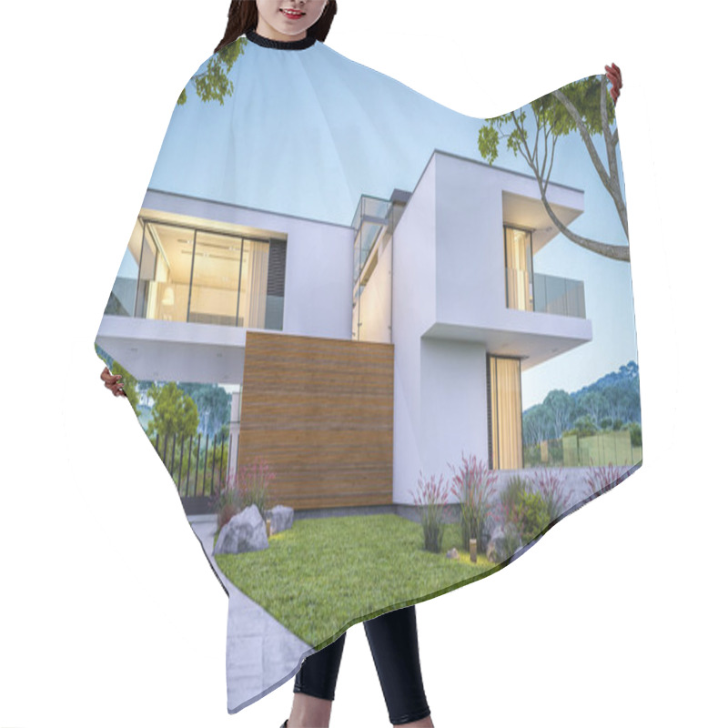 Personality  3d Rendering Of Modern Cozy House By The River With Garage For Sale Or Rent With Beautiful Mountains On Background. Clear Summer Evening With Blue Sky. Cozy Warm Light From Window. Hair Cutting Cape