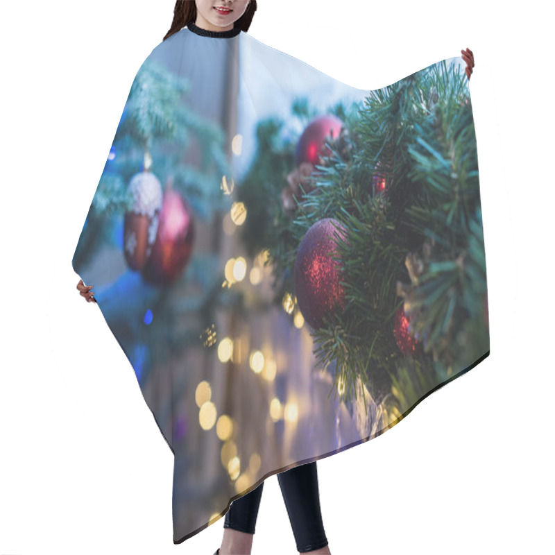 Personality  Close-up View Of Beautiful Decorated Christmas Tree With Shiny Red Baubles Hair Cutting Cape