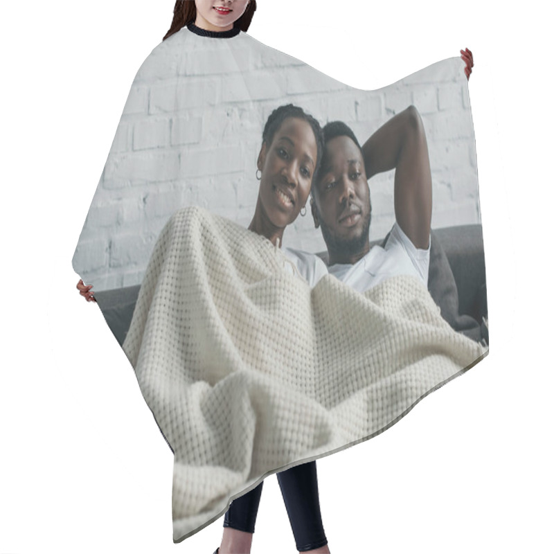 Personality  Beautiful Happy Young African American Couple Lying Together Under Blanket Hair Cutting Cape