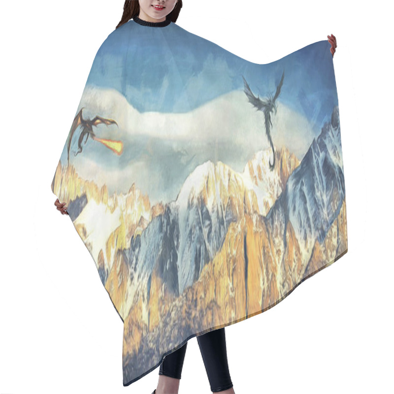 Personality  Dragons Fly Over The Snow-capped Mountains. Wide Panoramic View. Artistic Work On The Theme Of Mythology Hair Cutting Cape