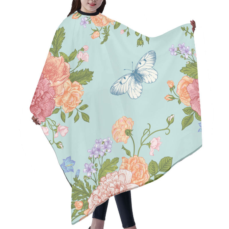 Personality  Pattern With  Flowers And Butterflies. Hair Cutting Cape