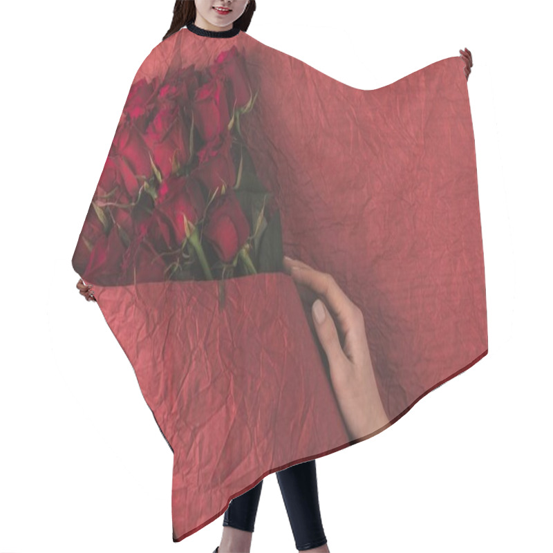 Personality  Partial View Of Woman Holding Bouquet Of Red Roses In Wrapping Paper For St Valentines Day Hair Cutting Cape