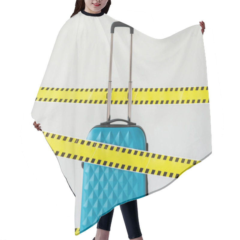 Personality  Blue Suitcase In Yellow And Black Hazard Warning Safety Tape Isolated On White, Coronavirus Concept Hair Cutting Cape