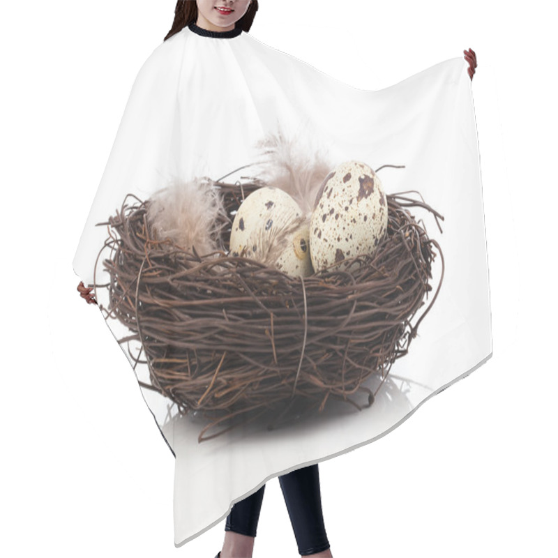 Personality  Quail Eggs In Birds Nest Isolated On White Background Hair Cutting Cape