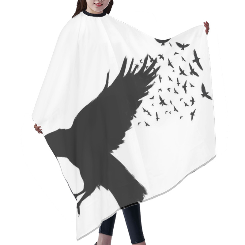 Personality  Raven Flying . Black Raven Isolated On White Background. Hand Drawn Crow. Hair Cutting Cape