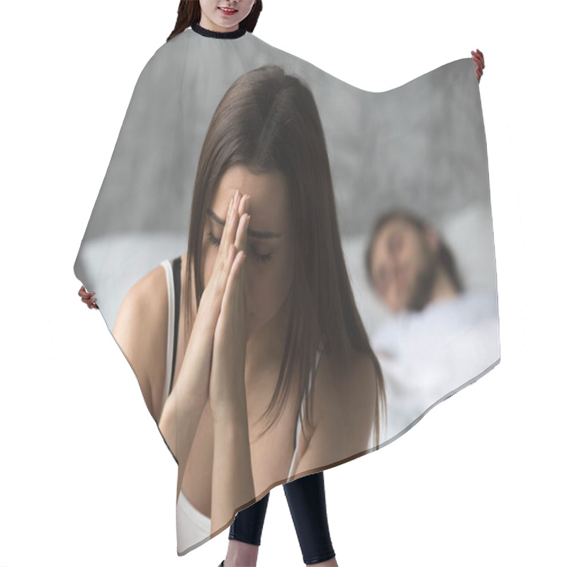 Personality  Upset Frustrated Woman Feeling Troubled While Boyfriend Sleeping Hair Cutting Cape