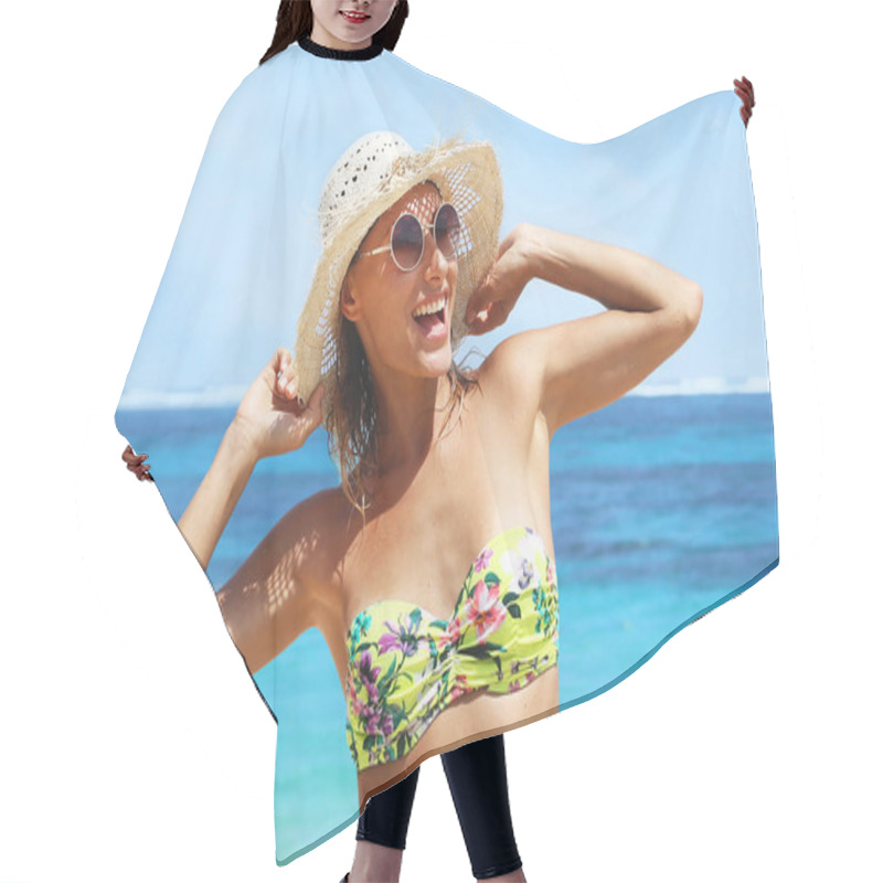 Personality  Happy Woman On The Beach Hair Cutting Cape