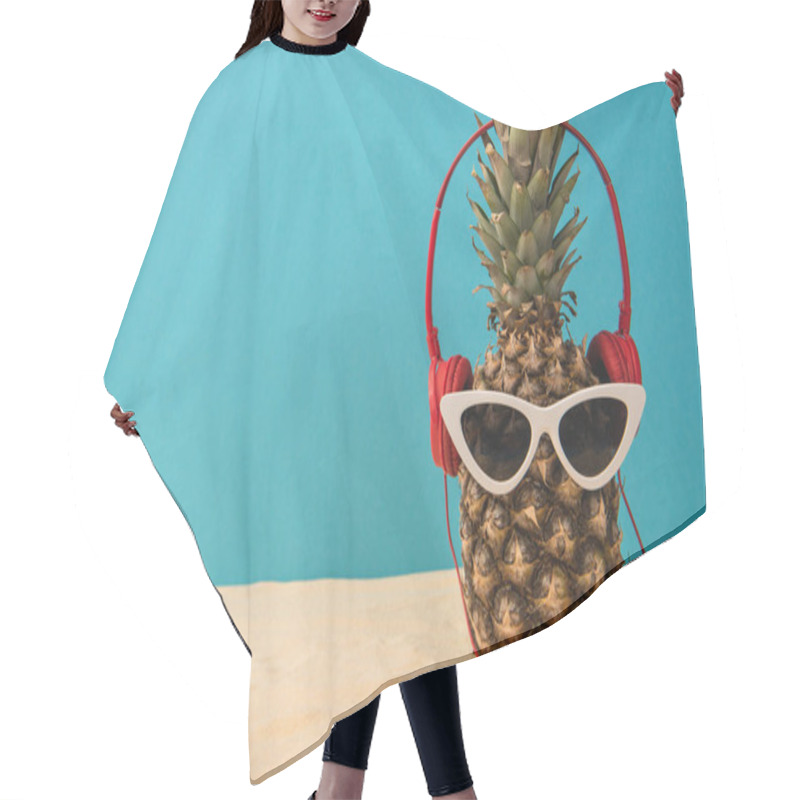 Personality  Pineapple With Headphones And Sunglasses On Sand On Blue Background Hair Cutting Cape