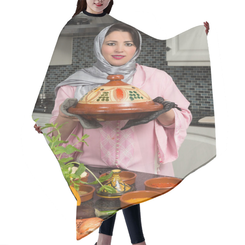 Personality  Immigrant Lady With Traditional Dish Hair Cutting Cape