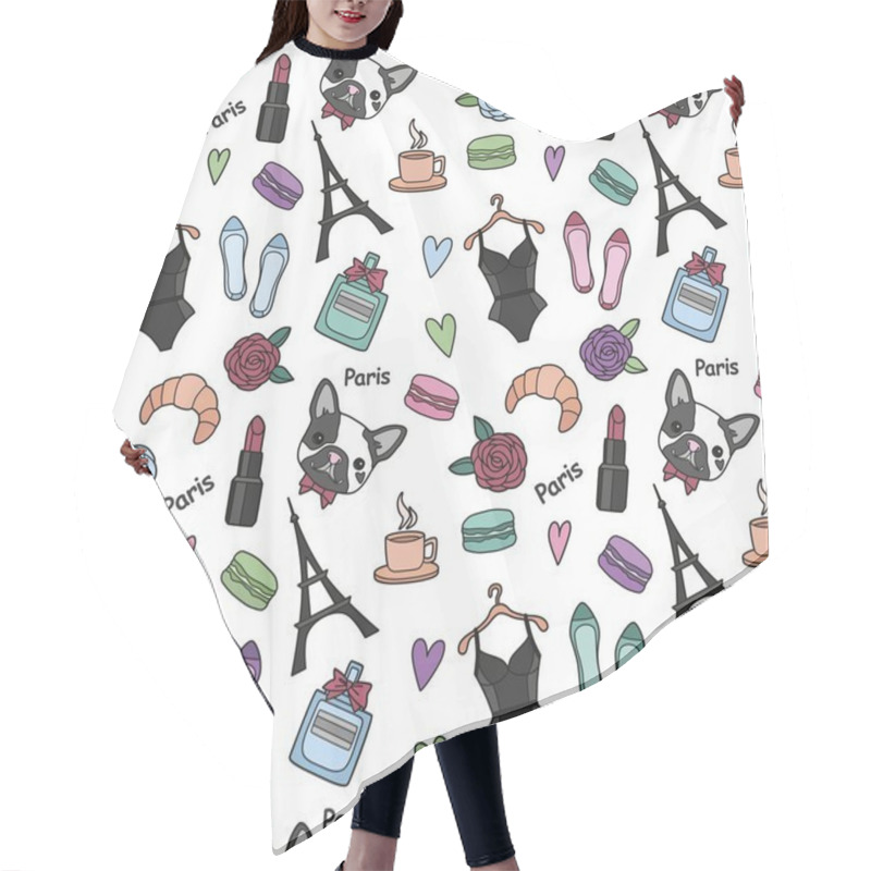 Personality  Cute Fashion Seamless Pattern With Patch Badges: Hearts, Eiffel Tower, Flower, Macaroons, Lingerie, Lipstick, Bulldog, Perfume, Shoes, Croissant, Cup Of Coffee.  Hair Cutting Cape