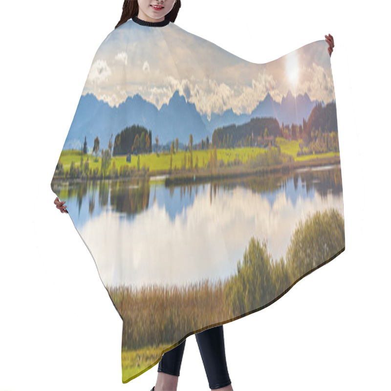 Personality  Panoramic Landscape In Region Allgaeu With Mountain Range, Lake And Maedow Hair Cutting Cape