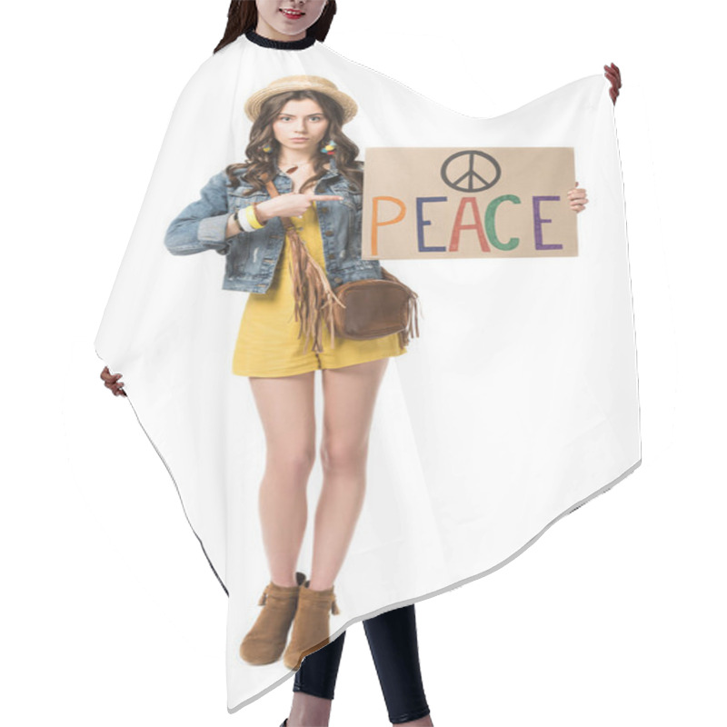 Personality  Full Length View Of Hippie Girl In Straw Hat Pointing With Finger At Placard With Inscription Isolated On White Hair Cutting Cape