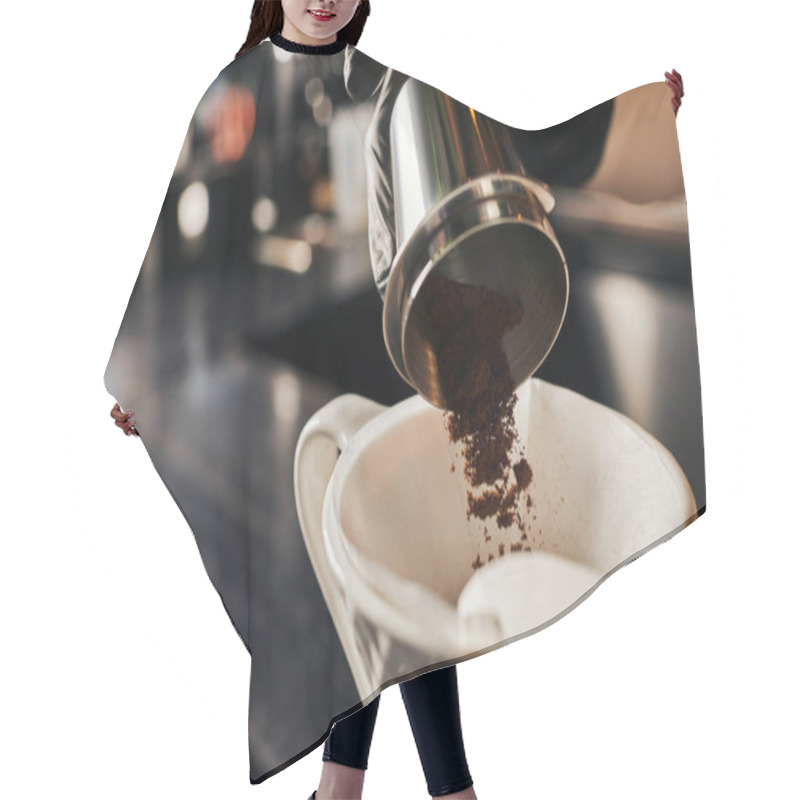 Personality  Barista Preparing V-60 Style Espresso, Pouring Fine Grind Coffee Into Ceramic Dripper With Filter Hair Cutting Cape