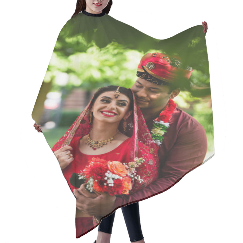 Personality  Happy Indian Man Hugging Cheerful Bride In Headscarf And Sari Outdoors Hair Cutting Cape