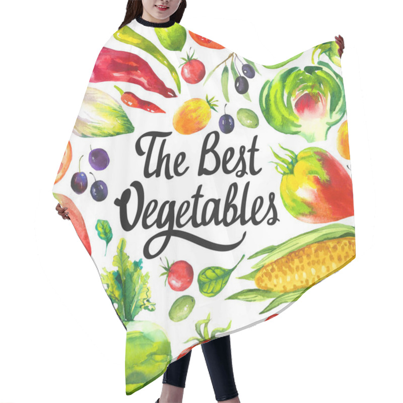 Personality  Watercolor Illustration With Round Composition Of Farm Products. Vegetables Set: Artichokes, Tomato, Olives, Cauliflower, Chicory, Corn, Tomato, Spinach, Peppers. Fresh Organic Food. Hair Cutting Cape