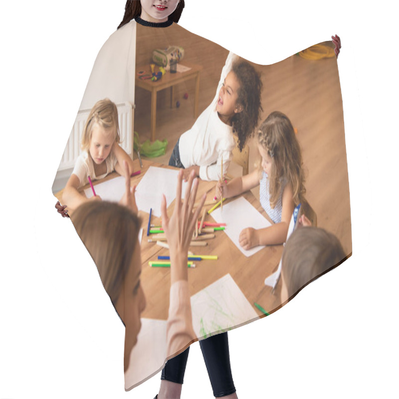 Personality  Educator Teaching Kids Counting And Showing Number With Fingers In Kindergarten, Happy African American Kid Showing Yes Gesture Hair Cutting Cape