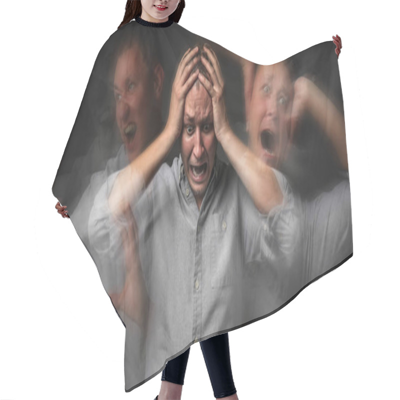 Personality  Man Having Panic Attack On Dark Background Hair Cutting Cape