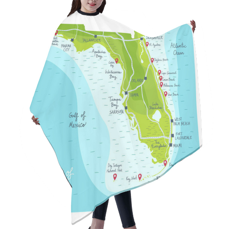 Personality  Hand Drawn Map Of The State Of Florida With Main Cities And Points Of Interest. Colorful Flat Style Hair Cutting Cape