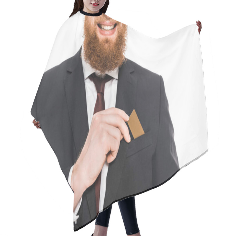 Personality  Cropped Shot Of Smiling Bearded Businessman Holding Credit Card Isolated On White Hair Cutting Cape