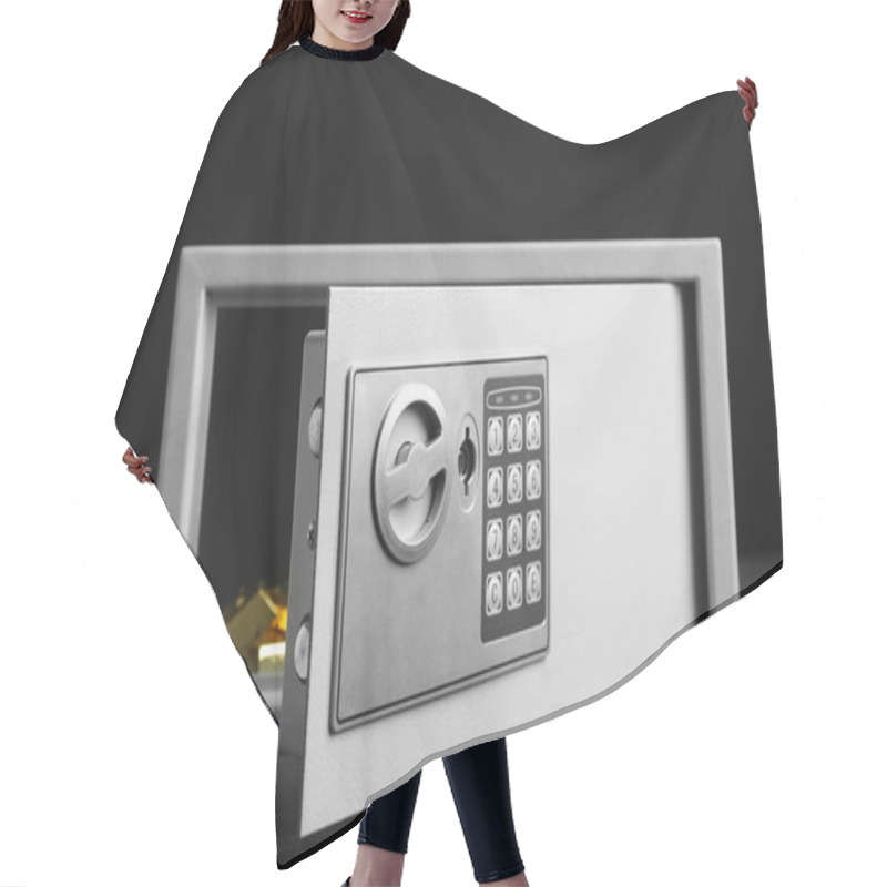 Personality  Open Steel Safe With Gold Bars On Grey Table Against Black Background Hair Cutting Cape