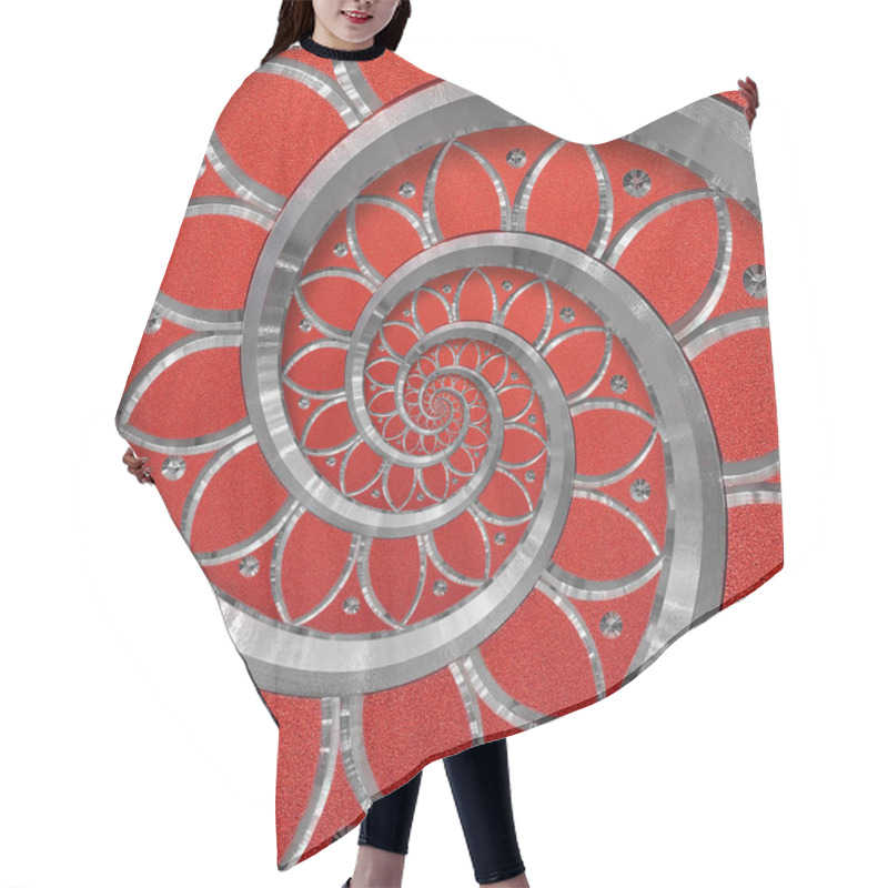 Personality  Red Abstract Round Spiral Background Pattern Fractal. Silver Metal Spiral Red Decorative Ornament Element. Metal Texture Repetitive Flower Background Spiral Fractal. Distorted Background Pattern. Metallic Ornament Decoration Twisted Pattern Hair Cutting Cape