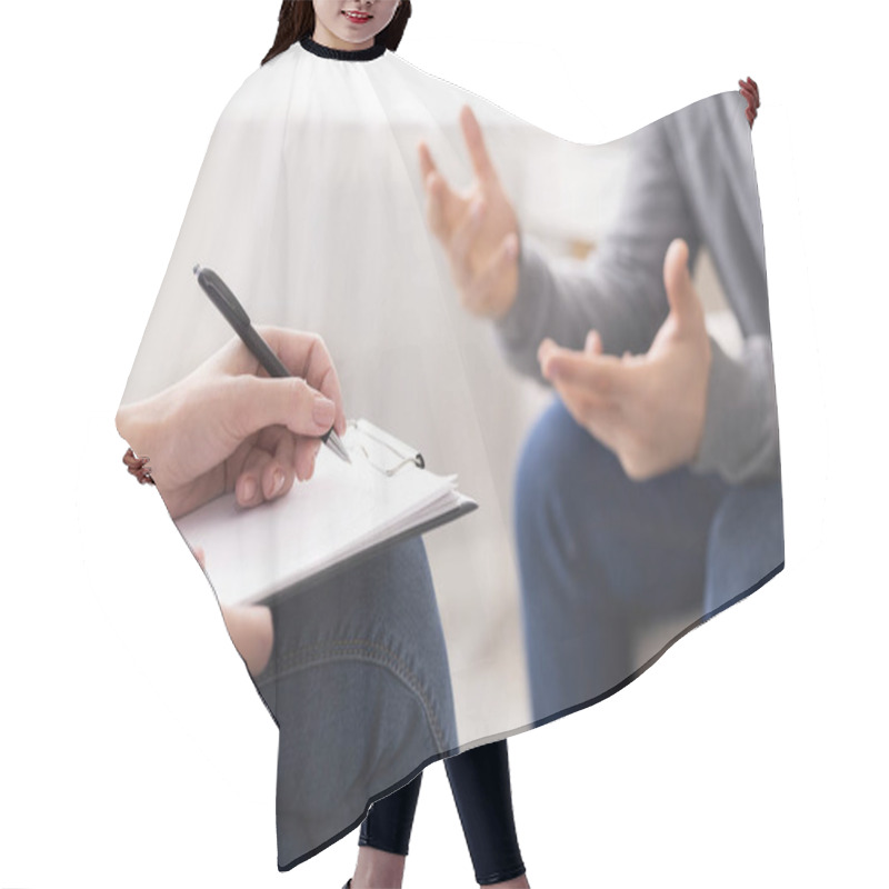 Personality  Psychotherapist Writing Notes, Giving Diagnosis To Emotional Man Hair Cutting Cape