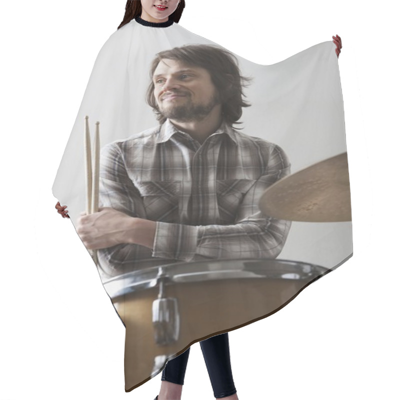 Personality  Young Man Sits At Drumset With Arms Crossed Holding Drumsticks Hair Cutting Cape