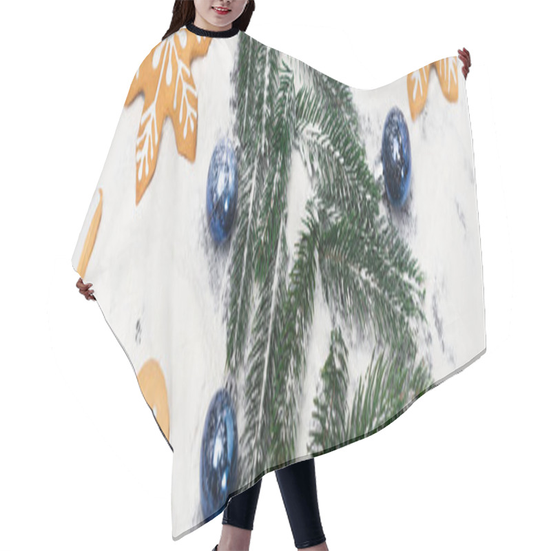 Personality  Top View Of Christmas Tree And Gingerbread Cookies On Snow, Banner Hair Cutting Cape