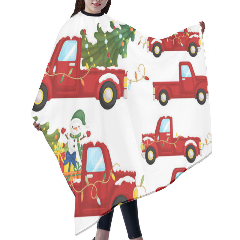 Personality  A Vector Set Of Cute Red Christmas Truck From Side With Lots Of Christmas Decoration Hair Cutting Cape