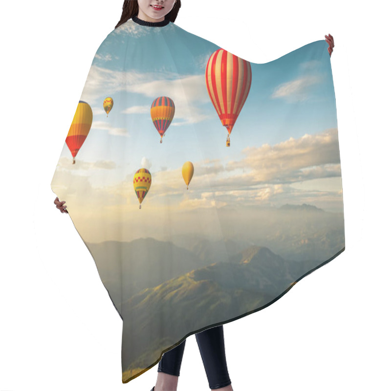 Personality  Colorful Hot Air Balloons Flying Over Mountain At Sunset. Adventure In Summer Vacation. Hair Cutting Cape