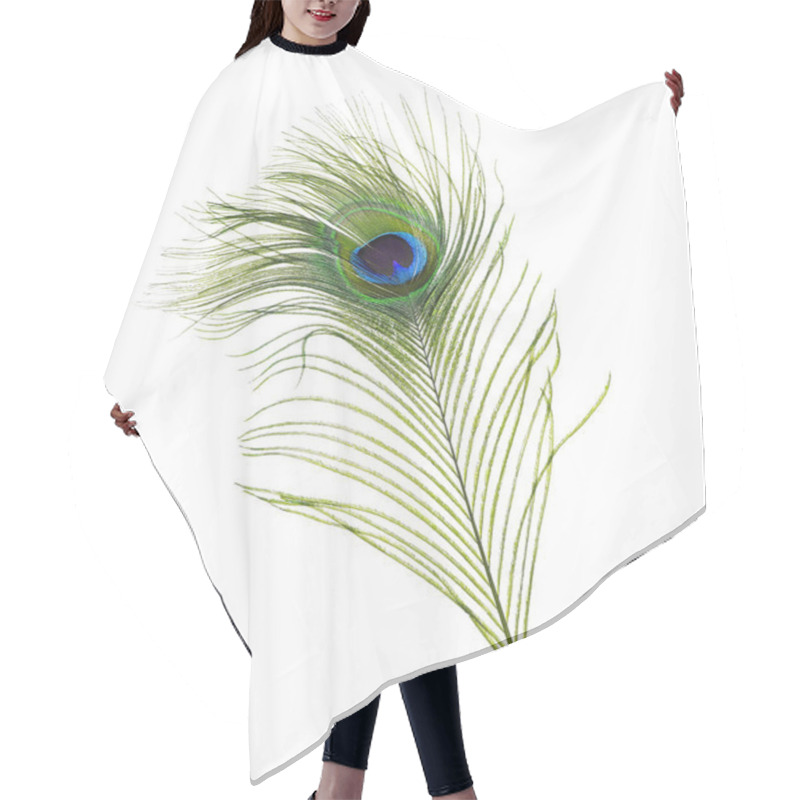 Personality  Beautiful Bright Peacock Feather On White Background Hair Cutting Cape