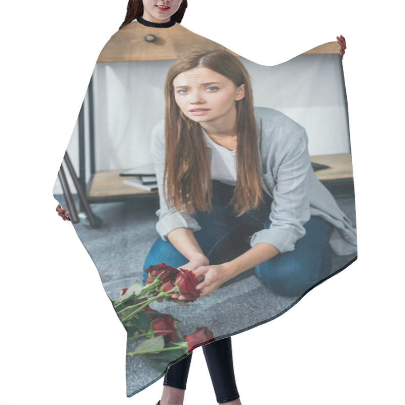 Personality  Attractive And Sad Woman Holding Flowers In Robbed Apartment  Hair Cutting Cape