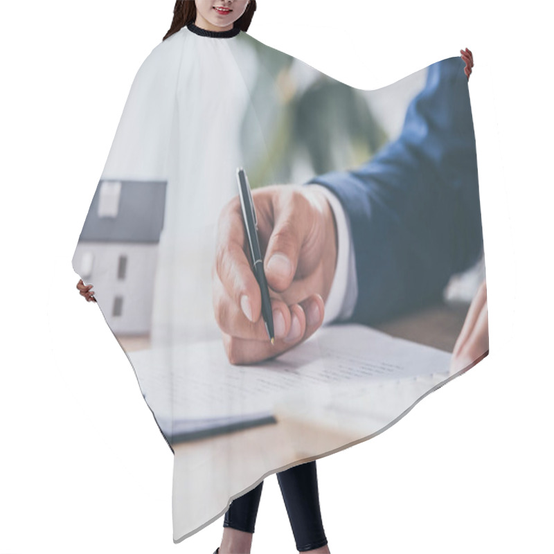 Personality  Cropped View Of Businessman Using Calculator And Writing In Contract Near House Model Hair Cutting Cape