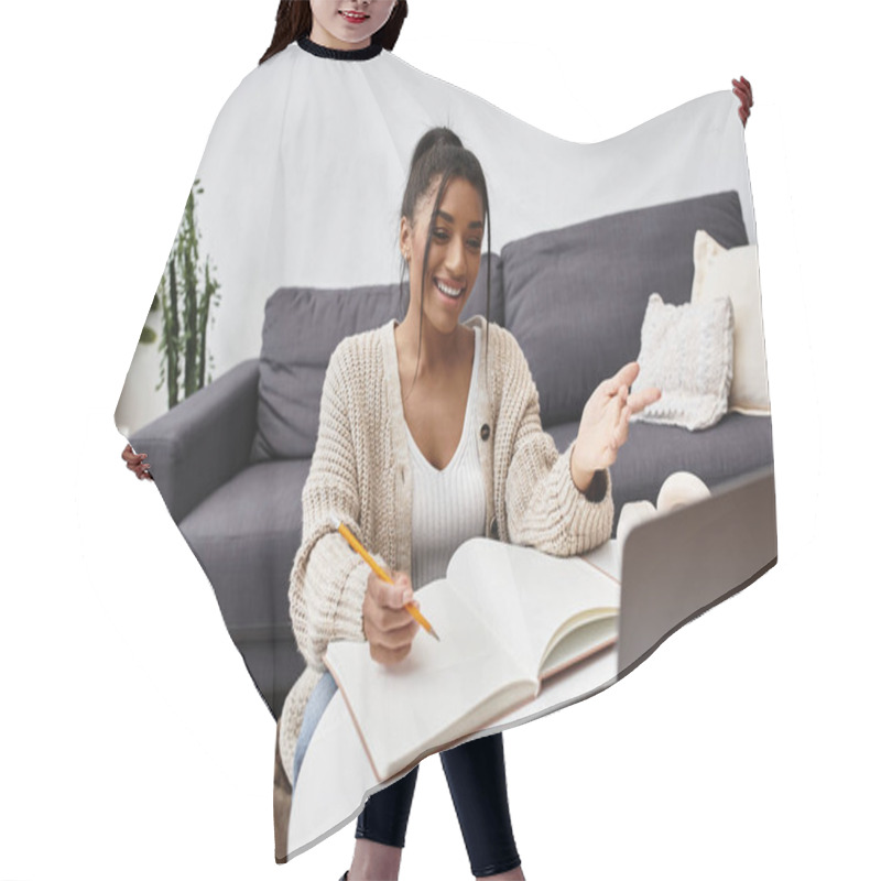 Personality  A Youthful Woman Engages In Remote Studying From Her Comfortable Home Environment. Hair Cutting Cape