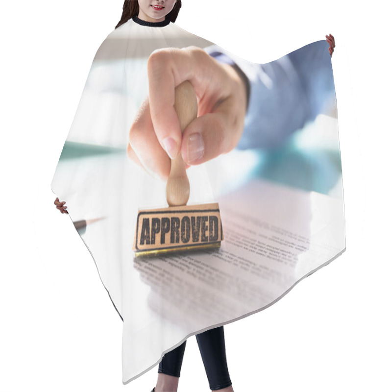 Personality  Close-up Of A Businesswoman's Hand Stamping On Approved Contract Form Hair Cutting Cape