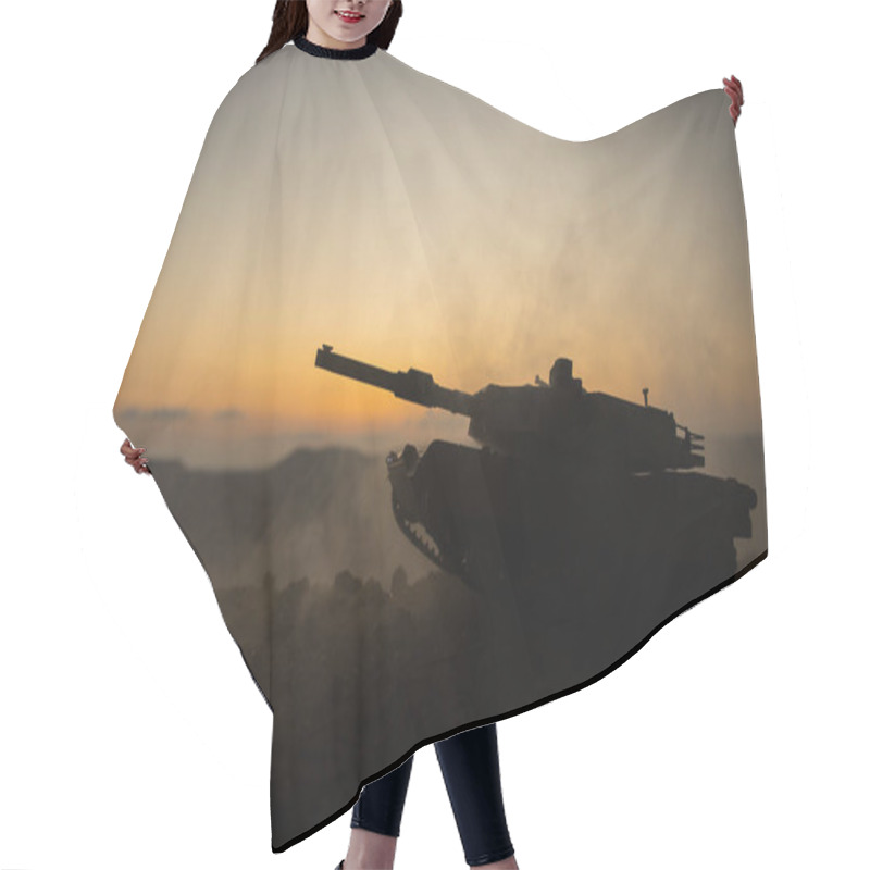 Personality  War Concept. Armored Vehicle Silhouette Fighting Scene On War Fog Sky Background. American Tank At Sunset. Hair Cutting Cape