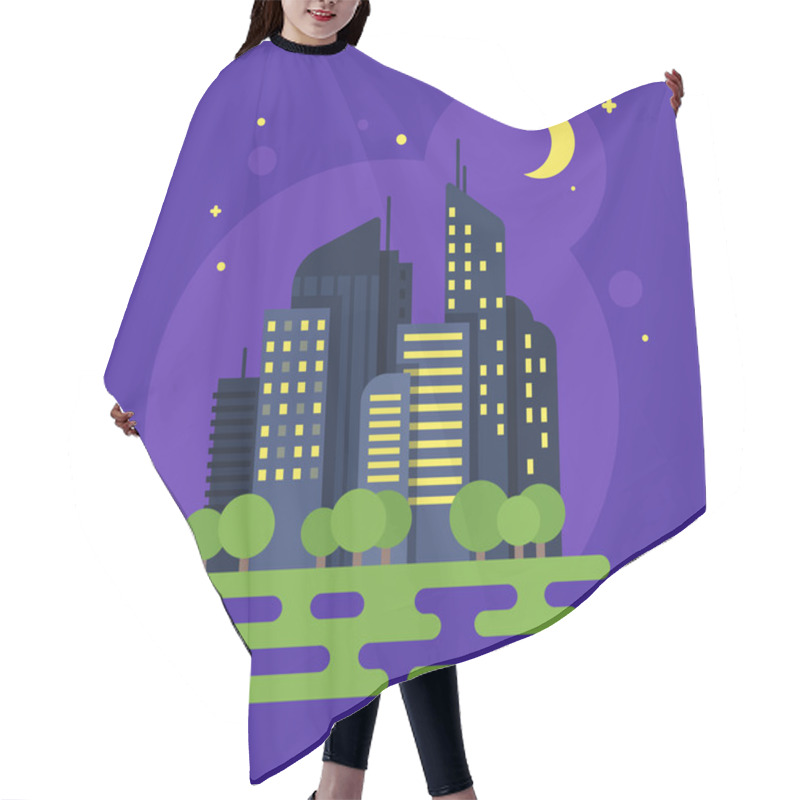 Personality  Vector Flat Style Illustration Of Night City. Moon And Buildings Hair Cutting Cape