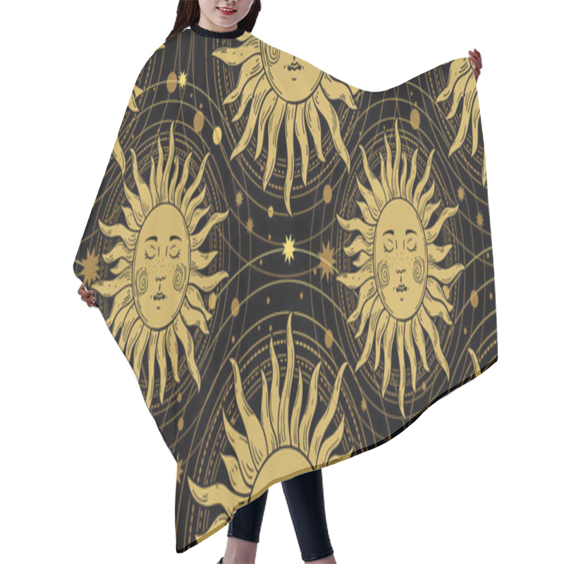 Personality  Seamless Pattern With The Golden Sun On A Black Background, Galaxies And Stars. Mystical Ornament In The Old Vintage Style. Vector Illustration. Hair Cutting Cape