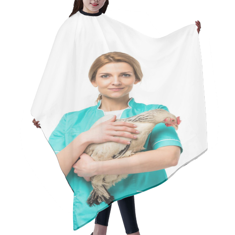 Personality  Portrait Of Veterinarian In Uniform Holding Chicken Isolated On White Hair Cutting Cape