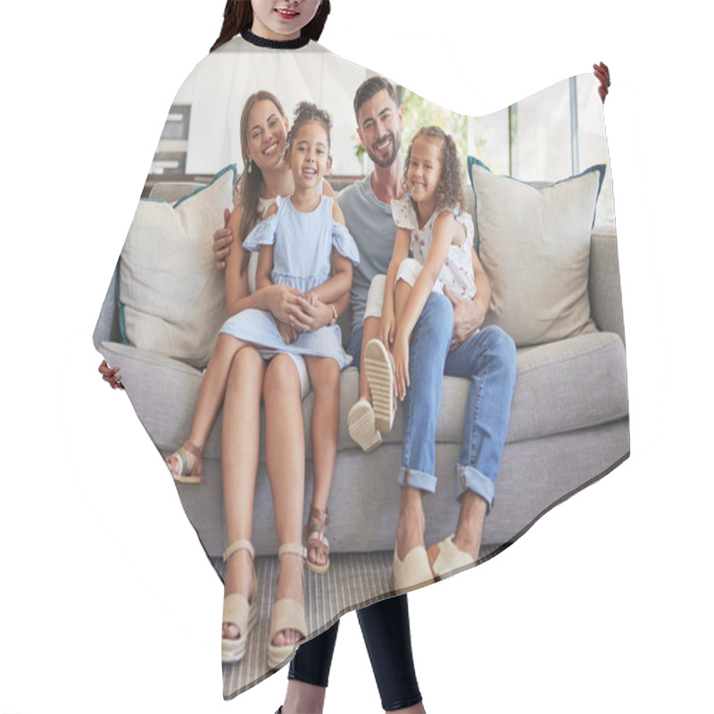 Personality  Family Portrait, Happy And Smile Of Parents With Kids Relaxing On Living Room Sofa In Bonding Happiness. Father, Mother And Children Smiling In Love, Comfort And Relax On Couch In Holiday Together. Hair Cutting Cape