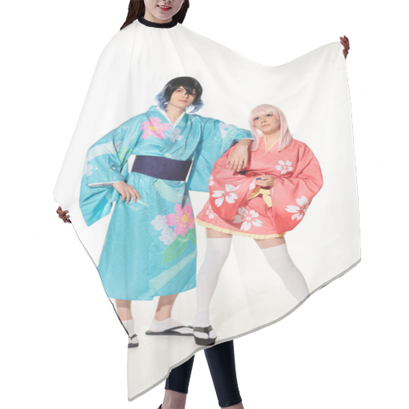 Personality  Full Length Of Young And Vibrant Couple In Kimonos And Wigs On White, Asian Cosplay Subculture Hair Cutting Cape